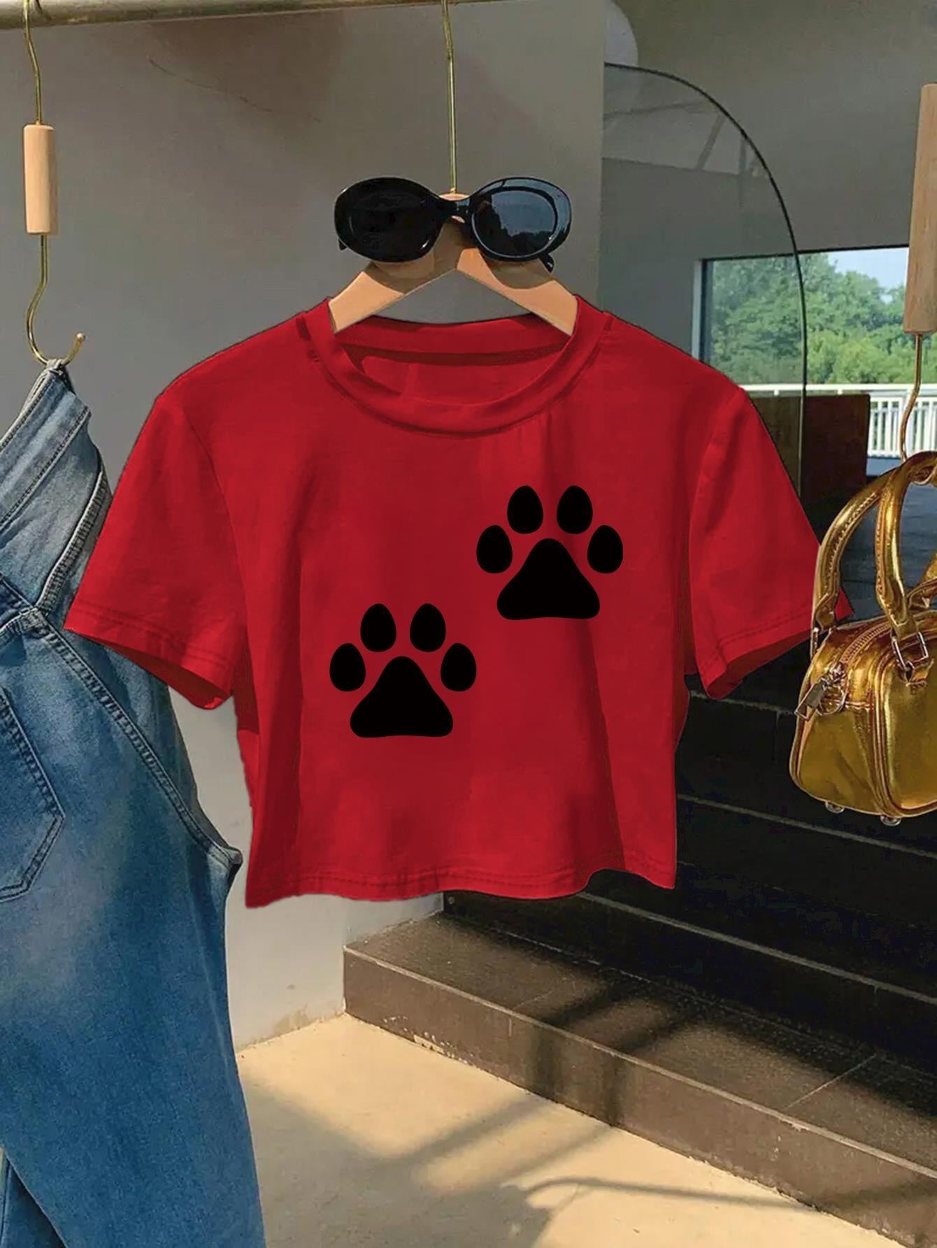 Kurzarm-T-Shirt mit verspieltem Pfotenabdruck